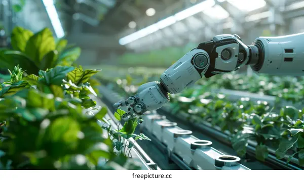 Robot arm harvesting plants in a greenhouse