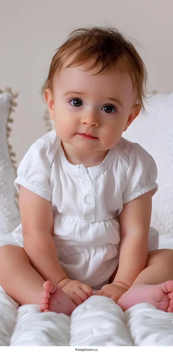 Cute Baby Girl Sitting on a White Blanket
