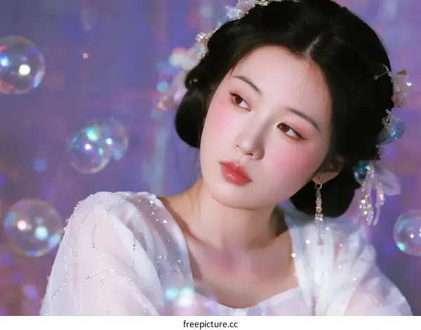 Elegant Young Chinese Woman in Traditional Hanfu with Soft Lighting and Bubbles
