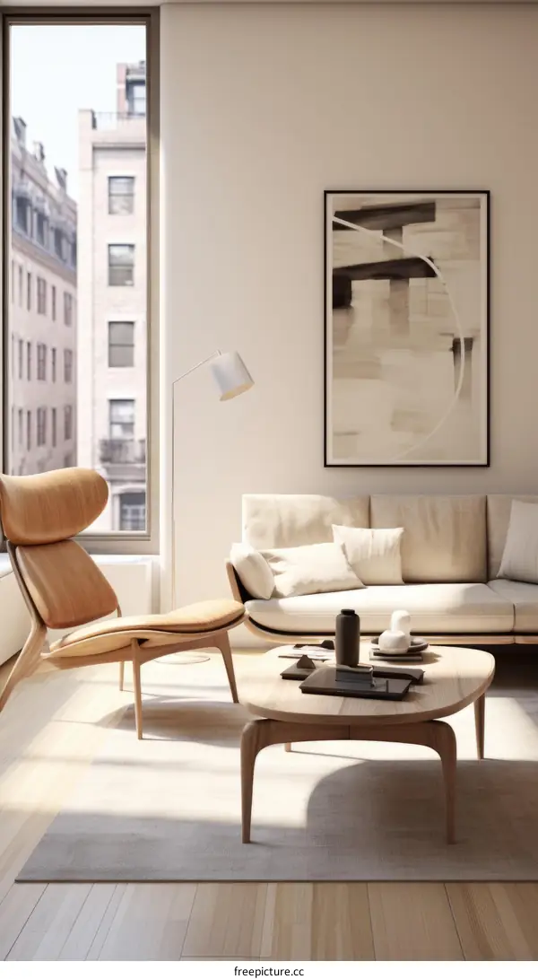 Modern living room interior design with large windows and a comfortable sofa