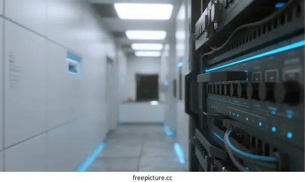 Server room corridor with blue lighting and network equipment