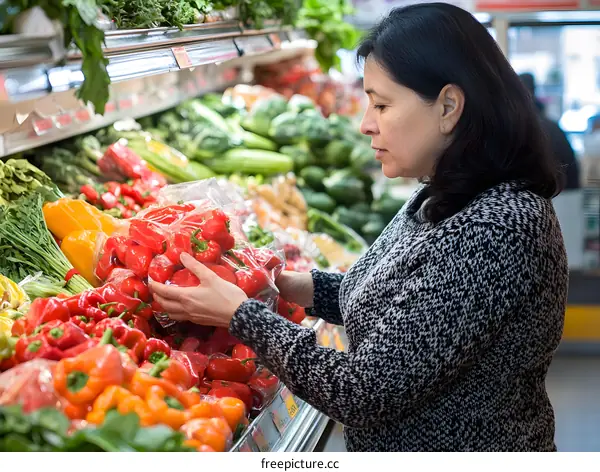 Woman Choosing Red Bell Peppers in Grocery Store