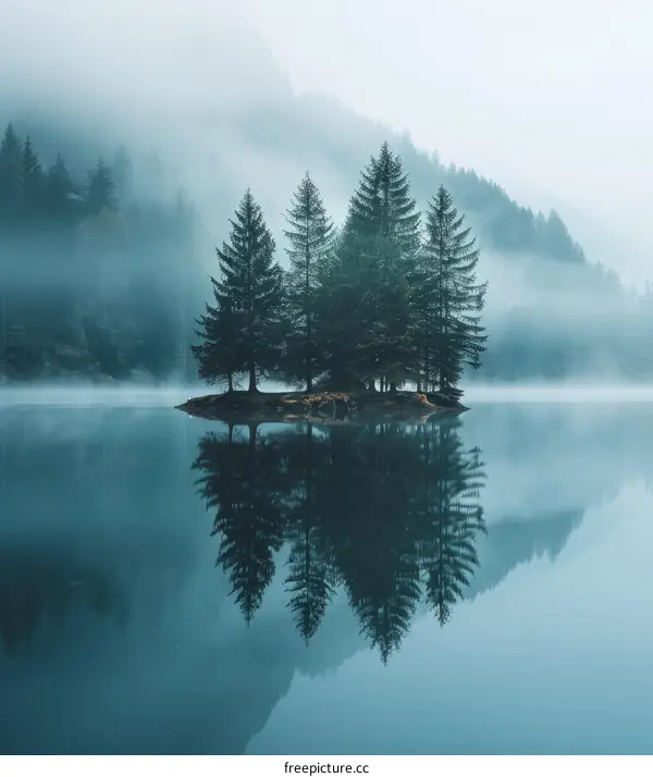 Small island covered with green trees in the middle of a calm lake on a foggy day