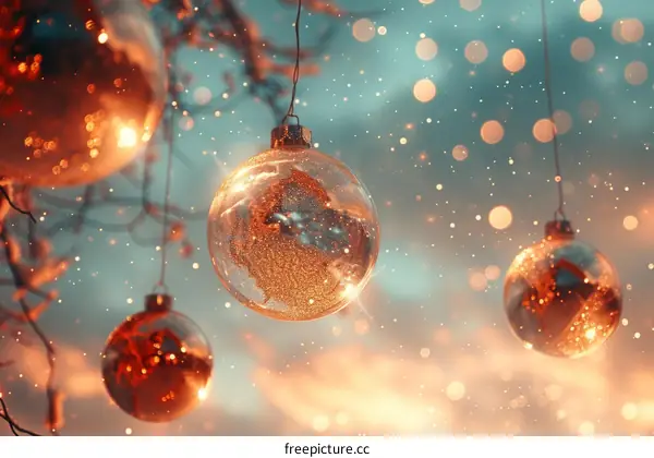 Christmas ornaments hanging on a snowy tree branch with a blurred background