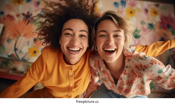 Two young multiethnic women with bright smiles pose for a photo