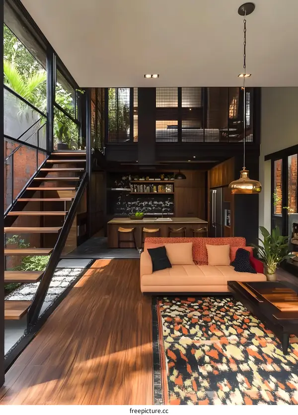 Modern Interior Design With Open Floor Plan And Stairs