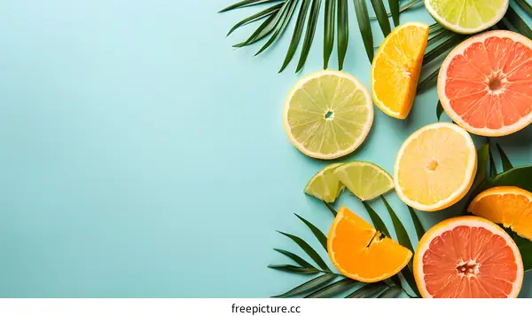 Citrus Fruit Slices and Palm Leaves on a Blue Background
