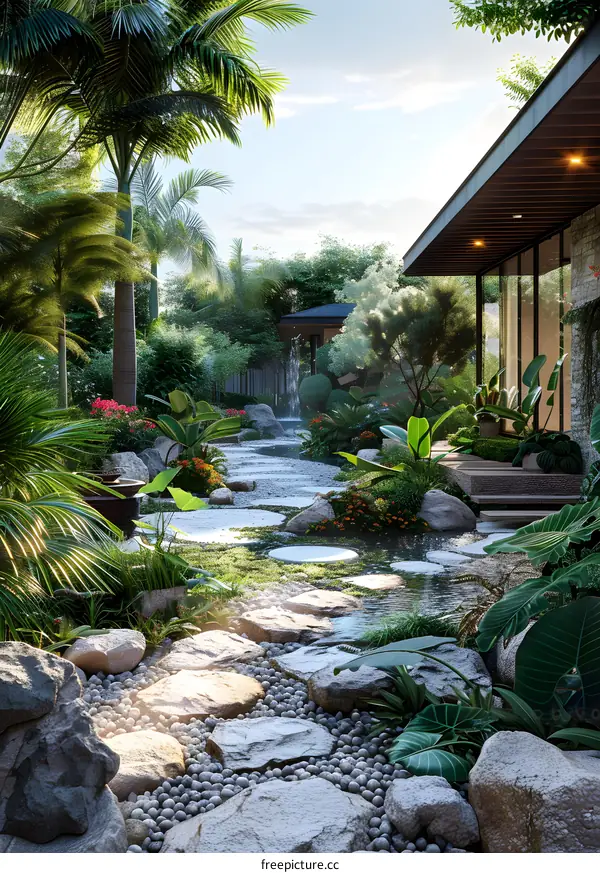 Courtyard with Stepping Stones and Tropical Plants