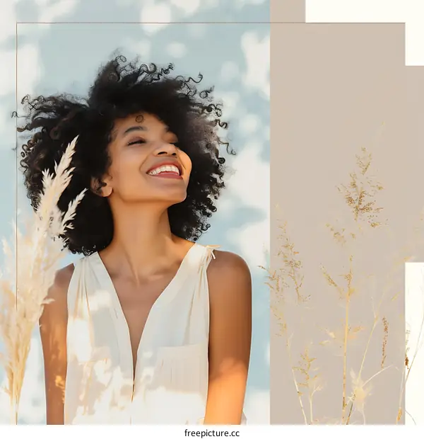 Happy Woman With Curly Hair Looking Up In The Sun