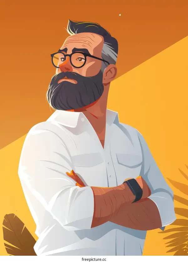 Bearded man in white shirt with crossed arms