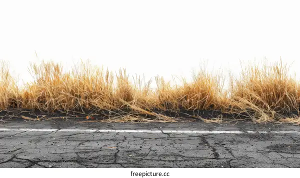 Cracked Asphalt Road with Dried Grass Texture