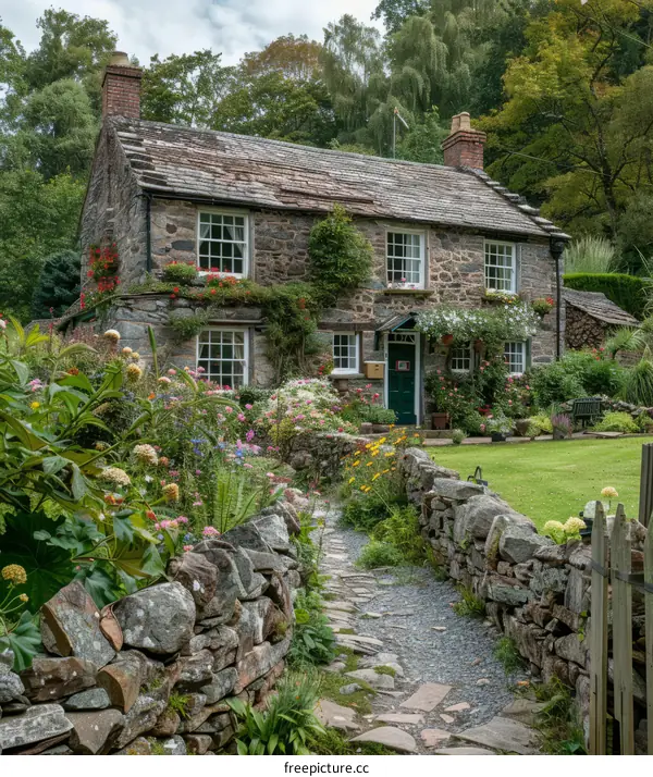 Stone cottage in the countryside with a garden full of flowers