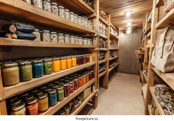 Wooden Pantry Filled with Preserved Foods