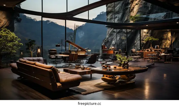 Futuristic Living Room Interior Design with Enormous Windows