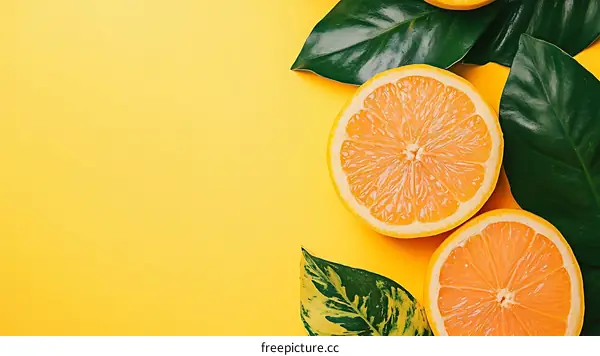 Fresh Citrus Fruit Slices With Green Leaves On Yellow Background