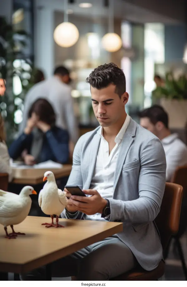 A man sitting at a table in a restaurant with two pigeons on the table
