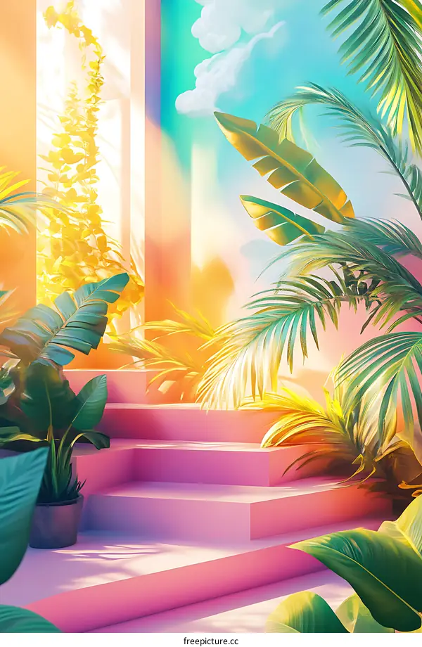 Tropical Summer Background with Pink Steps and Green Plants