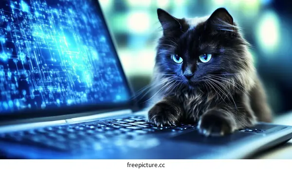 Cool Black Cat on Laptop with Circuitry Display