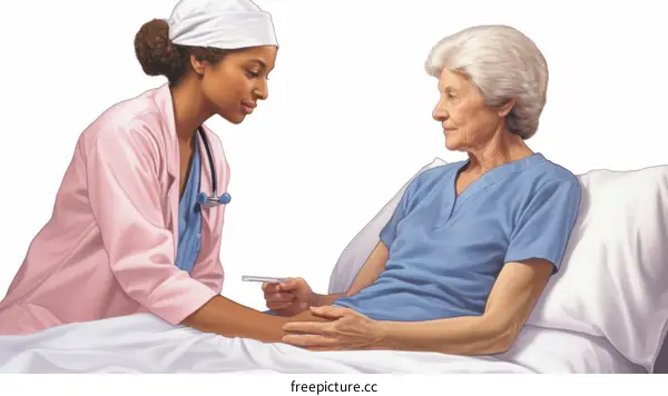 African American female nurse giving injection to elderly patient in hospital
