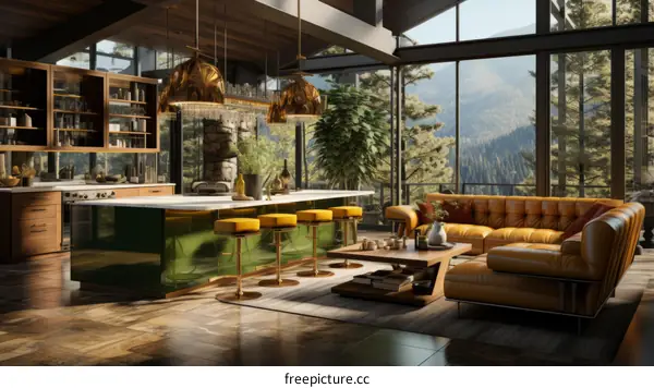 Modern kitchen and living room with large windows overlooking forest