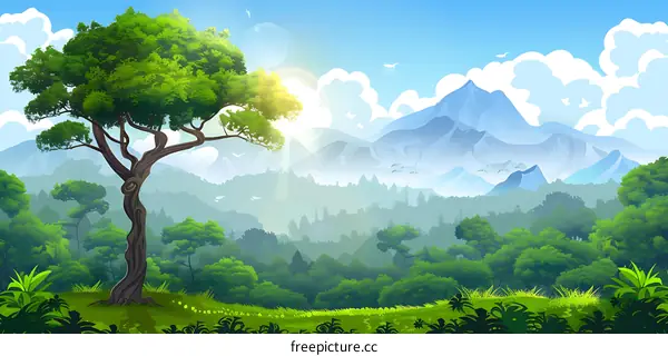Cartoon Illustration of a Lush Green Forest Landscape with Mountains in the Background