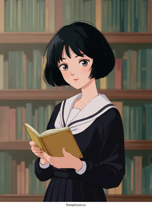 Anime Girl Reading a Book in a Library