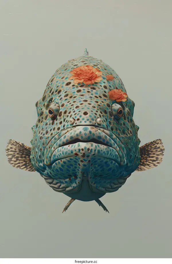 A 3D illustration of a blue and green fish with pink flowers on its head