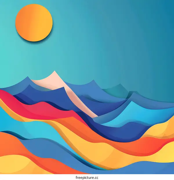 Abstract Paper Cut Illustration Of A Sun And Wavy Landscape