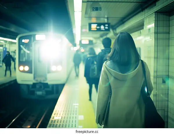 Woman Walking Through Subway Station Waiting for Train
