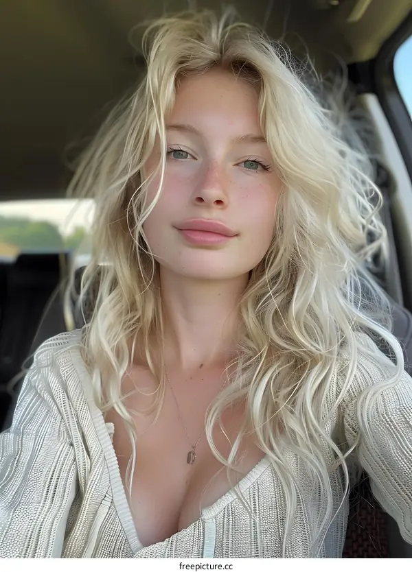 Young woman with long blond hair and blue eyes wearing a white sweater