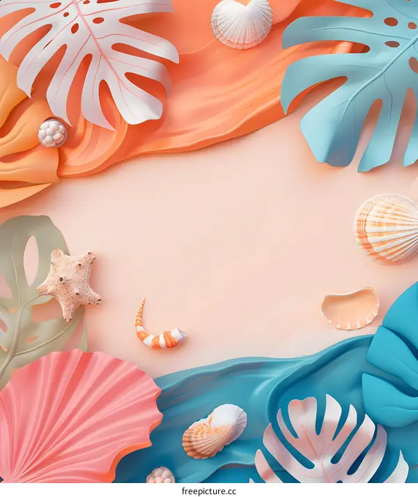Summer Tropical Leaf and Seashell Background