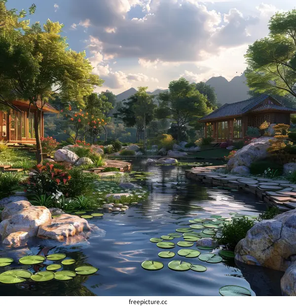 Peaceful Asian Garden Landscape Illustration