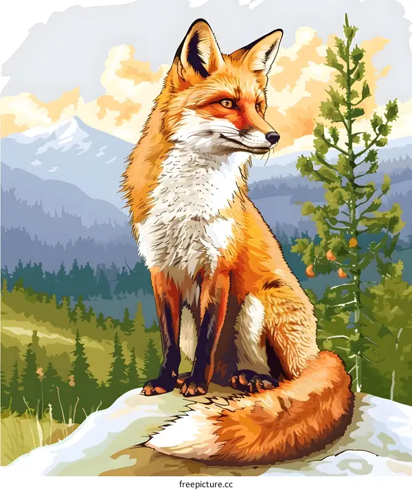 Red Fox Sitting On A Rock In A Mountain Landscape