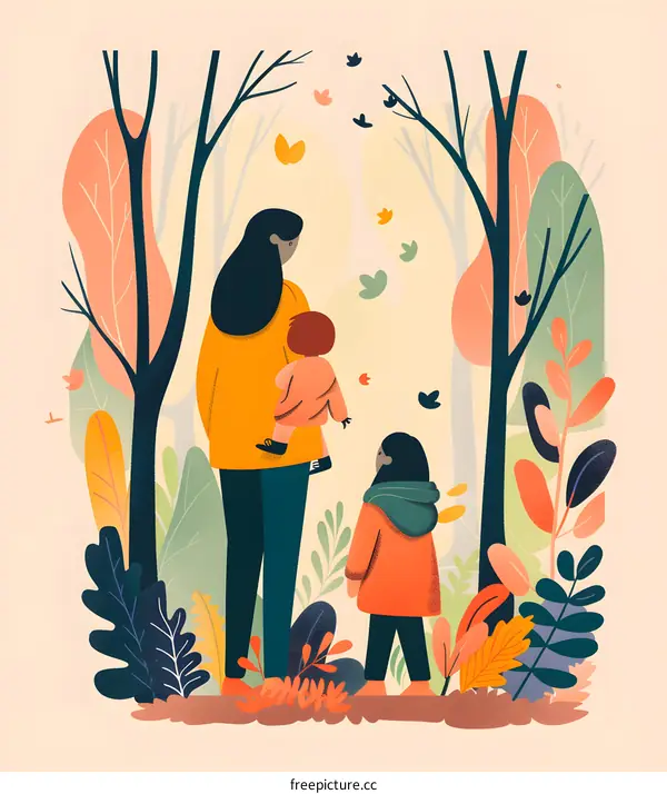 Family Walking Through Autumn Forest Illustration