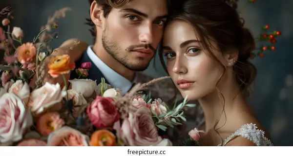 A newlywed couple is cuddling and捧着鲜花, the bride is wearing a婚纱, and the groom is wearing a西装