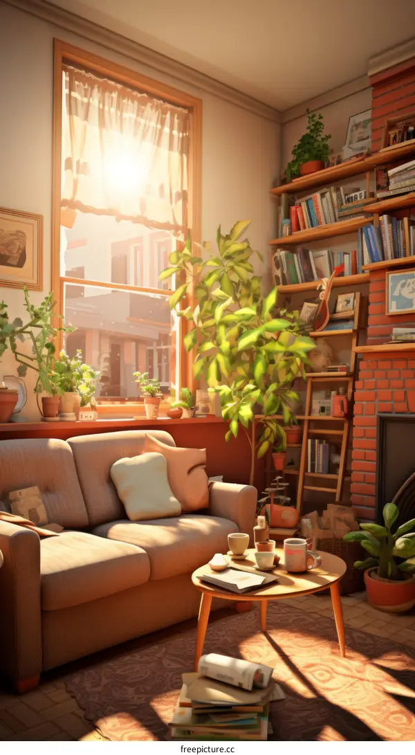 Inviting living room with sofa, coffee table, bookshelves, plants and fireplace