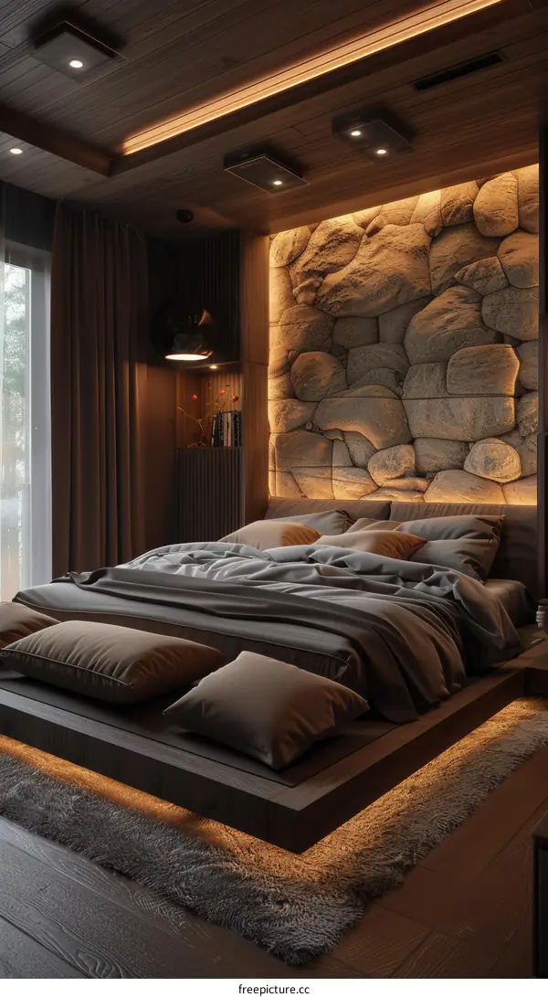 Modern Rustic Bedroom with Stone Wall and Elevated Bed