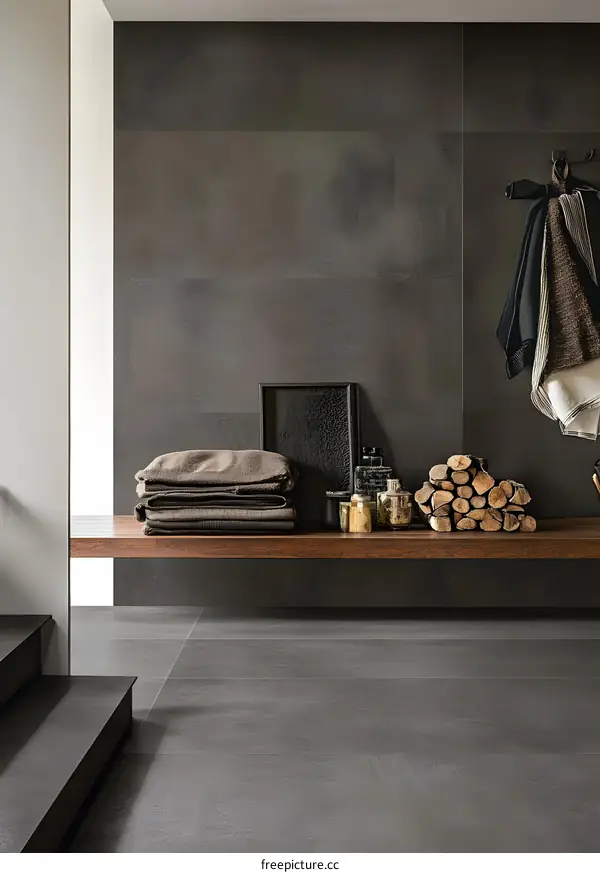 Modern Interior Design With Grey Tiles and Wooden Shelf