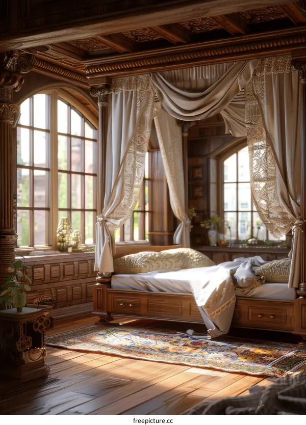Antique Wooden Four-Poster Bed in a Luxurious Room