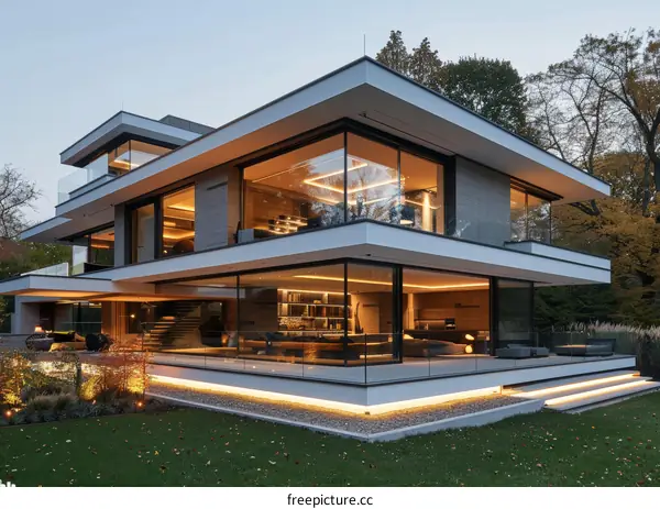 Modern Glass House Exterior With Terrace And Garden