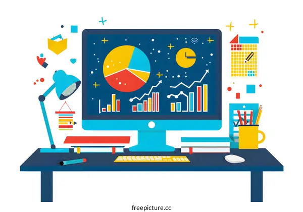 Desk with Computer Showing Charts and Graphs