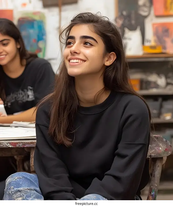 Young Woman Sitting In Art Studio Looking Up And Smiling