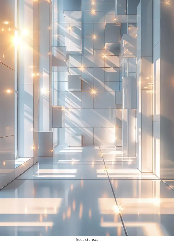 Futuristic White Corridor with Glowing Light Streams