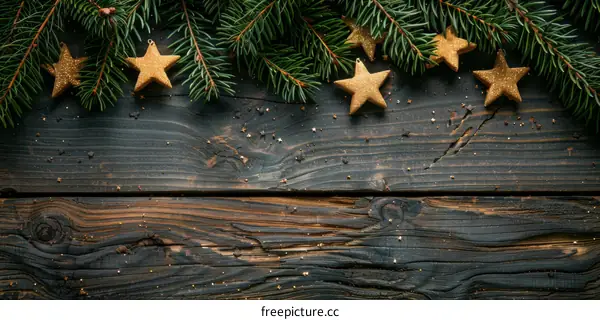 Christmas background with fir branches and golden stars