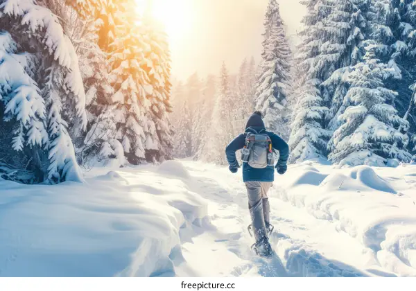 Man snowshoeing in beautiful winter forest