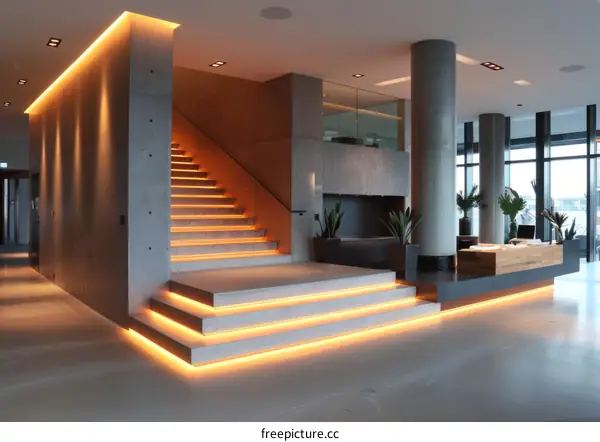 Modern Office Interior with Illuminated Staircase