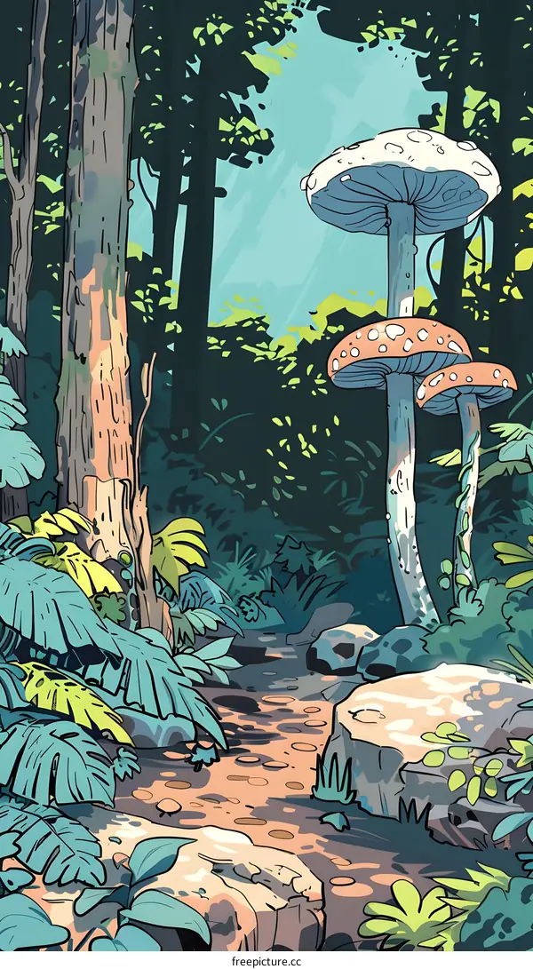 Forest Path with Large Mushrooms