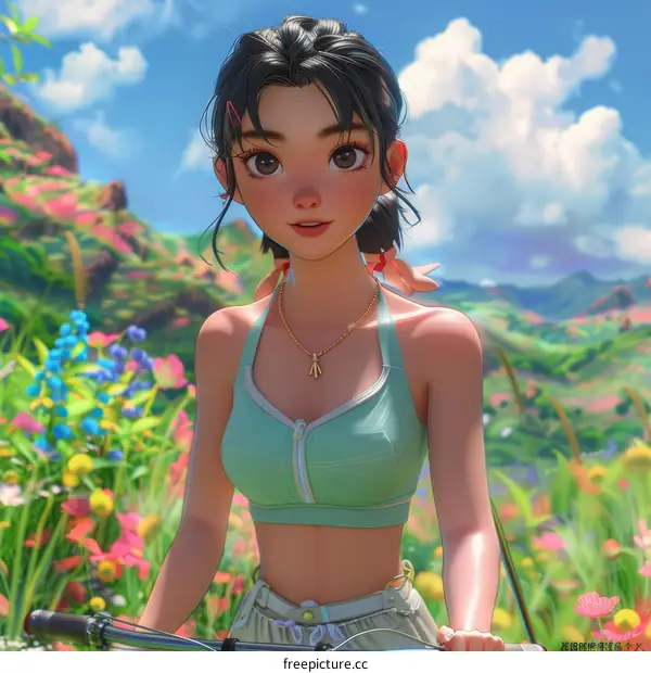 Cartoon Girl Riding Bike in a Summer Landscape