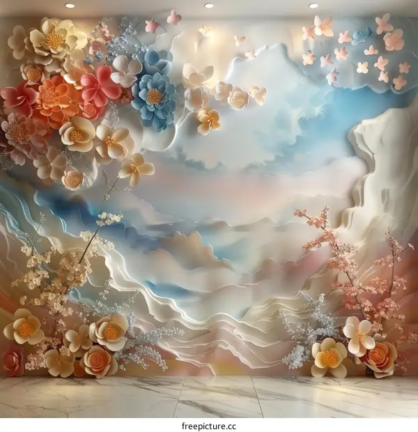 3D Floral and Butterfly Installation Against Blue Sky