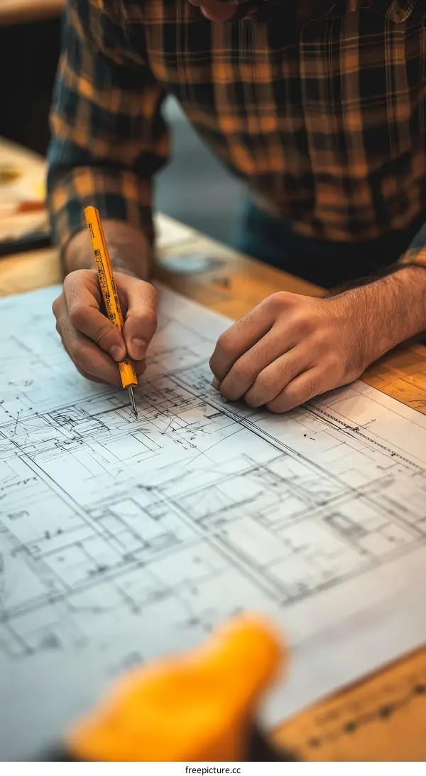 Architect Drawing House Plan on Blueprint